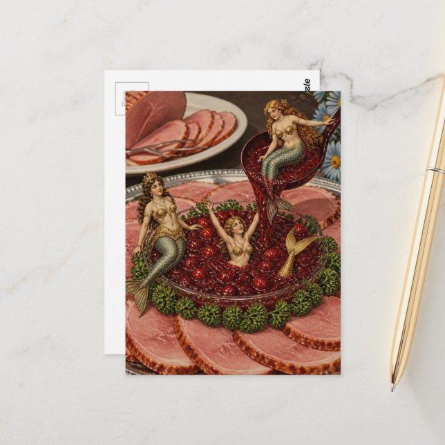 Carte Postale Sirènes Rétro Nagent dans des Cranberries (Devant/Arrière en situation)