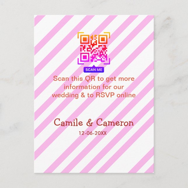 Carte Postale SITE WEB DE MARIAGE QR rose nom date moderne rayé (Devant)