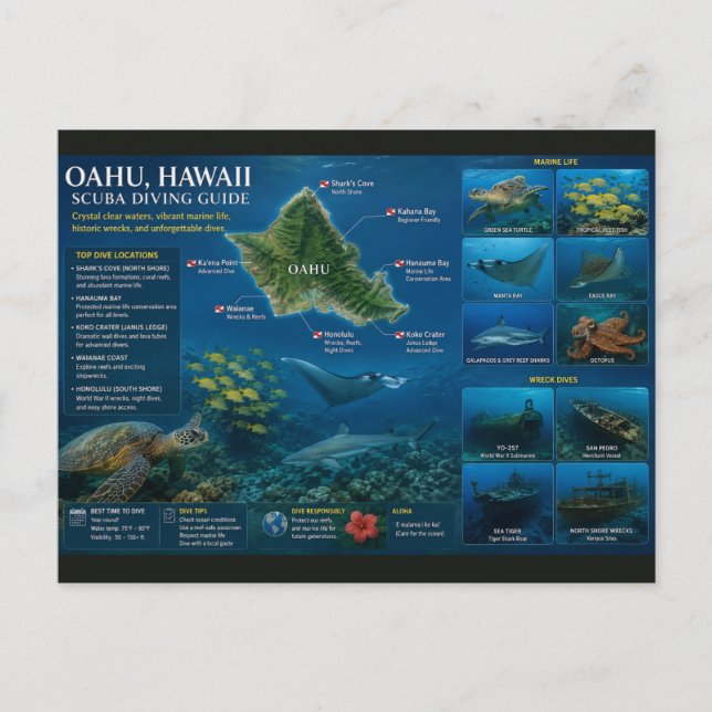 Carte Postale Sites de plongée à Hawaï (Devant)