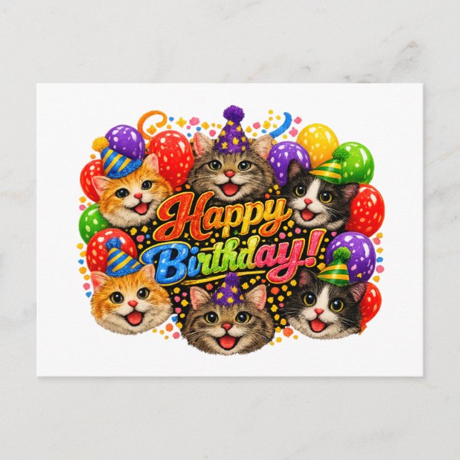 Carte Postale Six chats vous souhaitent un joyeux anniversaire (Devant)