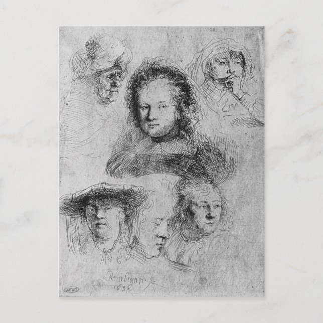 Carte Postale Six têtes avec Saskia van Uylenburgh (Devant)