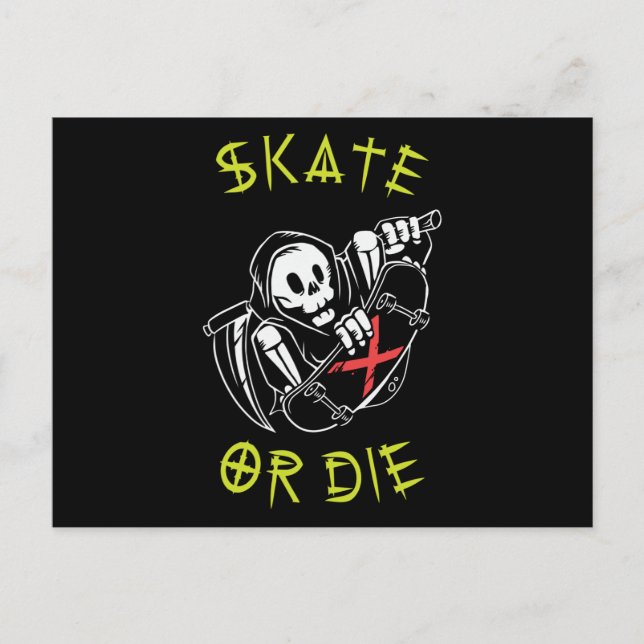 Carte Postale Skate ou die Grim Reaper Skeleton Skateboarder (Devant)