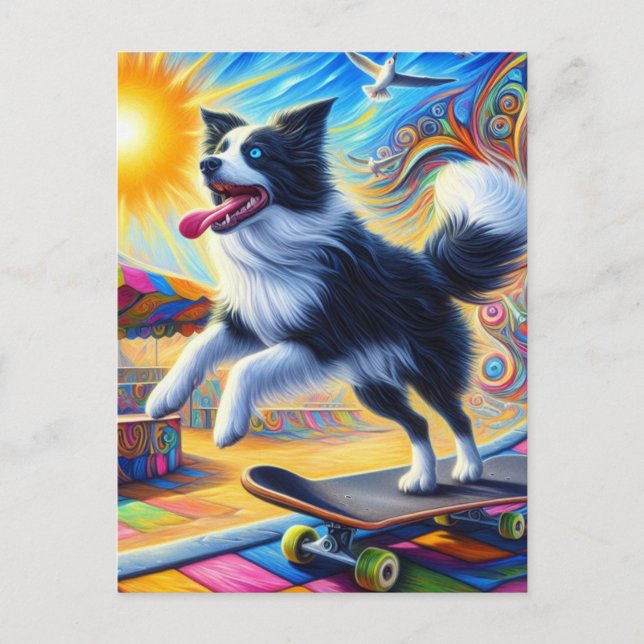 Carte Postale Skateboard Adorable Frontière Surréelle Collie (Devant)