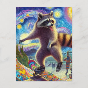Carte Postale Skateboard Adorable Surreal Raccoon