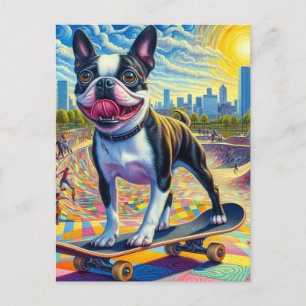 Carte Postale Skateboard Boston Terrier Coloré Amusement Surreal