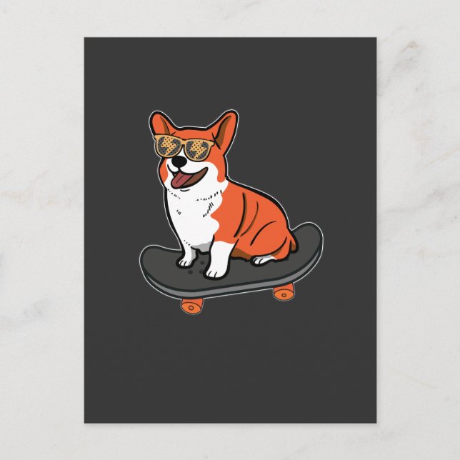 Carte Postale Skateboard Chien Corgi Lunettes de soleil Patinage (Devant)