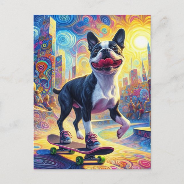 Carte Postale Skateboard coloré Surreal Boston Terrier (Devant)