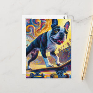 Carte Postale Skateboard Colorée Boston Terrier