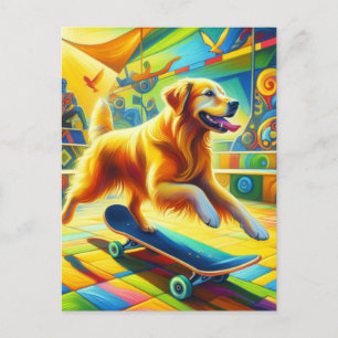 Carte Postale Skateboard Golden Retriever Chien