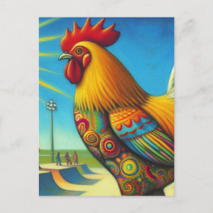Carte Postale Skateboard Rooster coloré et amusant