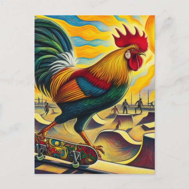 Carte Postale Skateboard Rooster coloré et amusant (Devant)