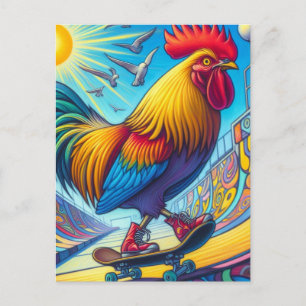 Carte Postale Skateboard Rooster Surreal Coloré et amusant