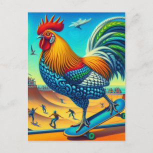 Carte Postale Skateboard Surreal Coloré et amusant Rooster