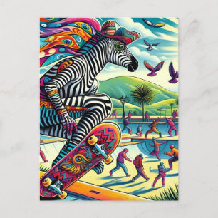 Carte Postale Skateboard Zebra coloré et amusant