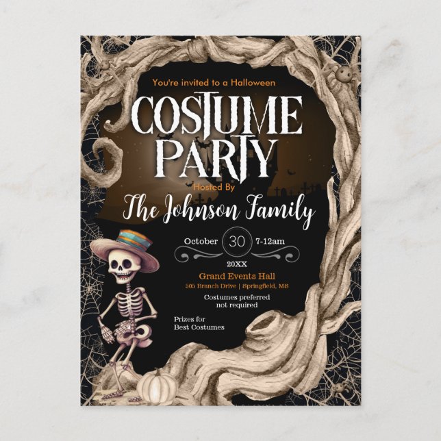 Carte Postale Skeleton Black Halloween Costume fête Invitation (Devant)