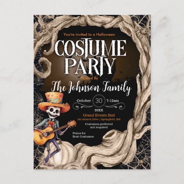Carte Postale Skeleton Black Halloween Costume fête Invitation (Devant)