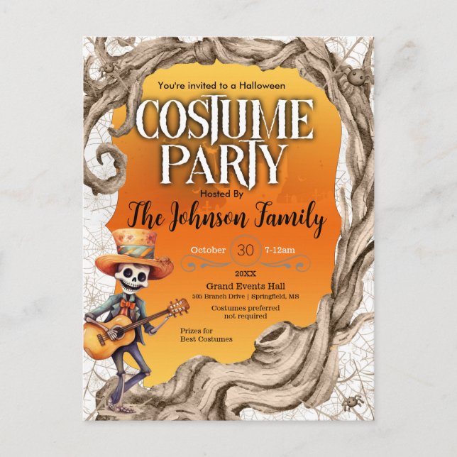 Carte Postale Skeleton Black Halloween Costume fête Invitation (Devant)