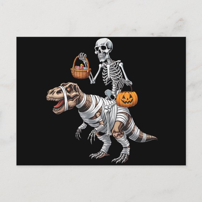 Carte Postale Skeleton équitation maman Dinosaur T rex Halloween (Devant)