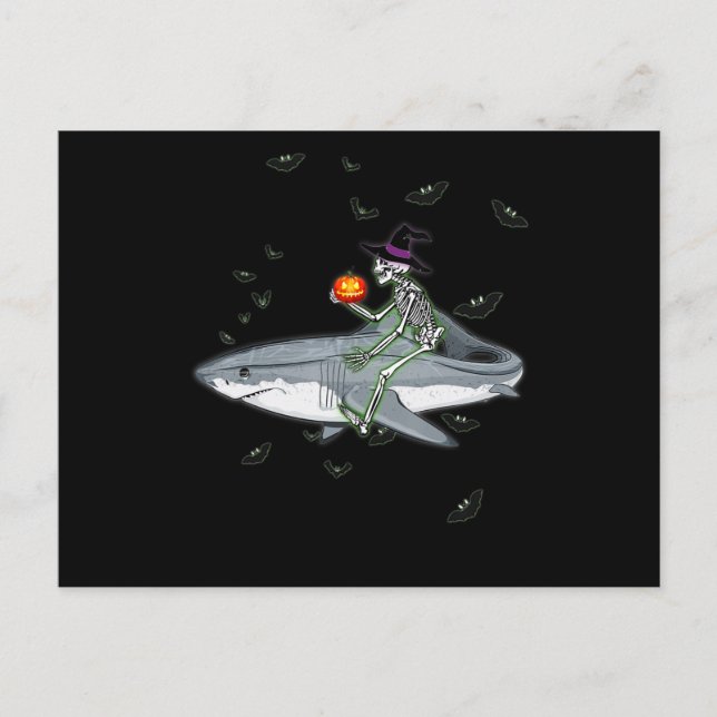 Carte Postale Skeleton équitation requin - Drôle cadeau Hallowee (Devant)