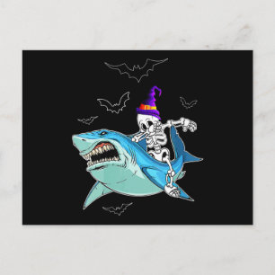 Carte Postale Skeleton équitation requin drôle - Crazy Halloween