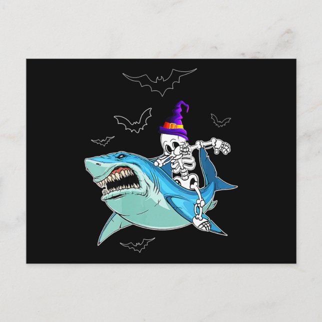 Carte Postale Skeleton équitation requin drôle - Crazy Halloween (Devant)