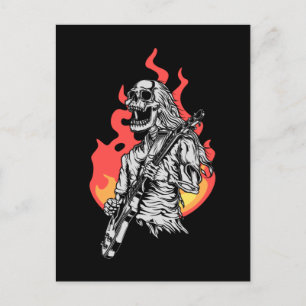 Carte Postale Skeleton playing electric Guitar Flames Rock Music