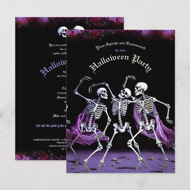 Carte Postale Skeletons de danse violet budget Halloween (Devant / Derrière)