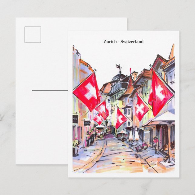 Carte Postale Sketch cozy street Zurich Switzerland (Devant / Derrière)