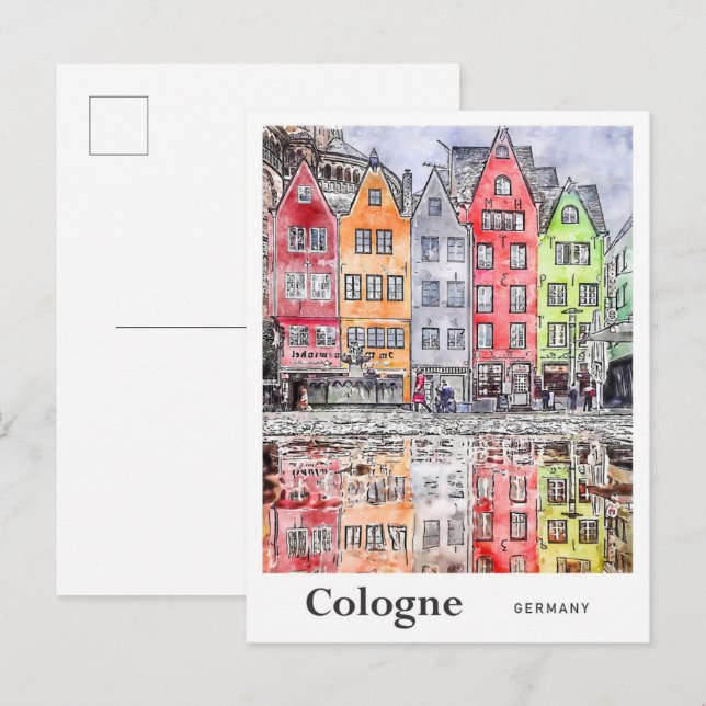 Carte Postale Sketch de l'aquarelle de voyage de Cologne Allemag (Devant / Derrière)