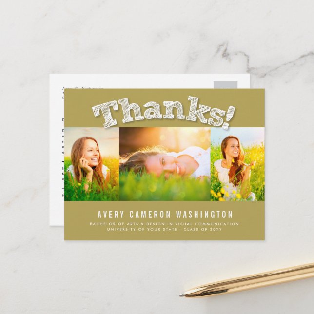 Carte Postale Sketched Thanks Multi 3 Photo Graduation Thank You (Devant/Arrière en situation)