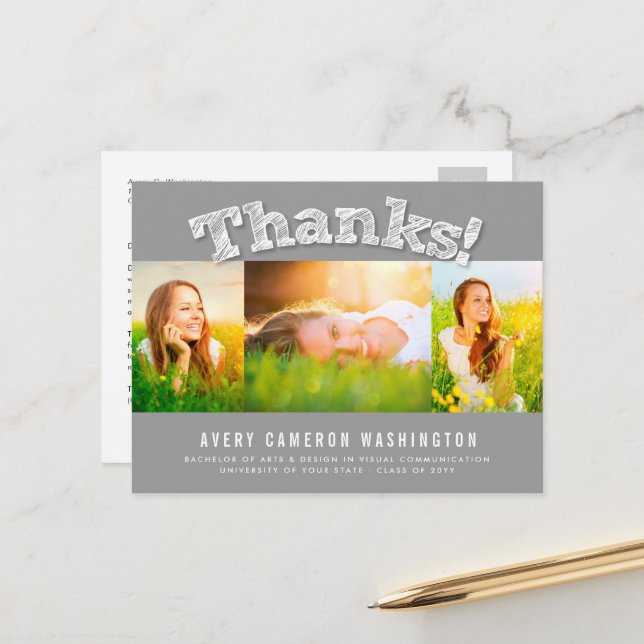Carte Postale Sketched Thanks Multi 3 Photo Graduation Thank You (Devant/Arrière en situation)