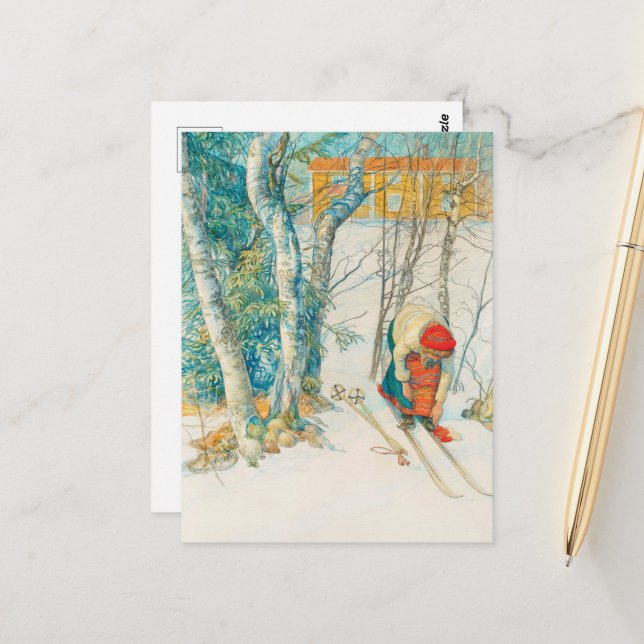 Carte Postale Ski d'hiver par Carl Larsson (Devant/Arrière en situation)