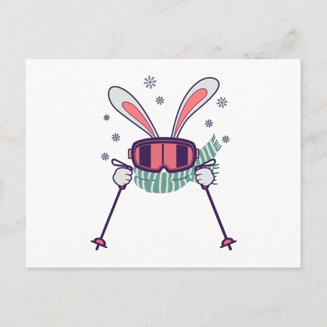 Carte Postale Ski lapin avec bâtons de ski lunettes de ski et éc (Devant)