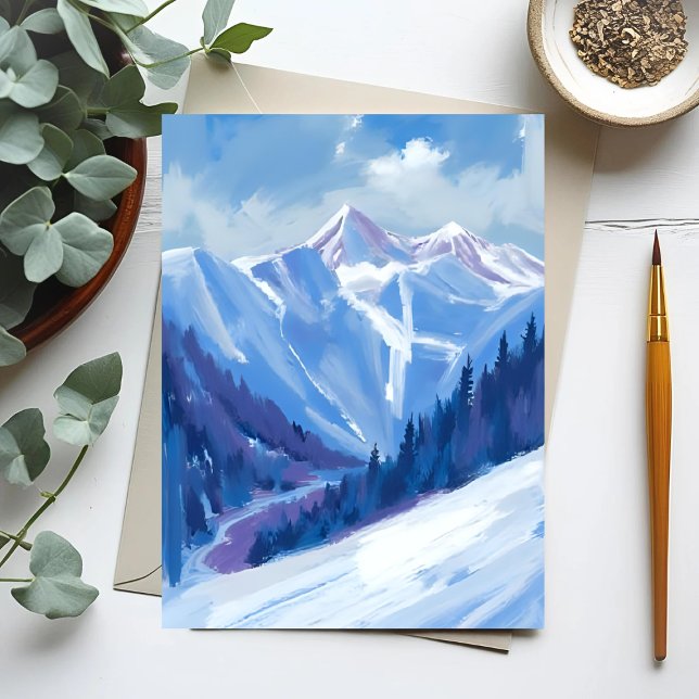 Carte Postale Ski Mountain | Blue Watercolor Mountain Range (Créateur téléchargé)