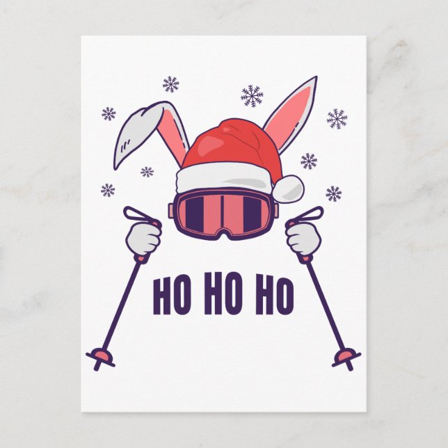 Carte Postale Ski Père Noël Rabbit avec Santa Hat et bâtons de s (Devant)
