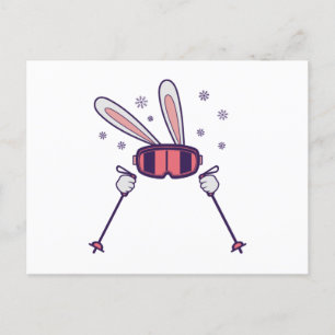 Carte Postale Ski Rabbit avec bâtons de ski et lunettes de ski