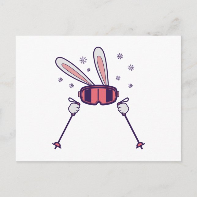 Carte Postale Ski Rabbit avec bâtons de ski et lunettes de ski (Devant)