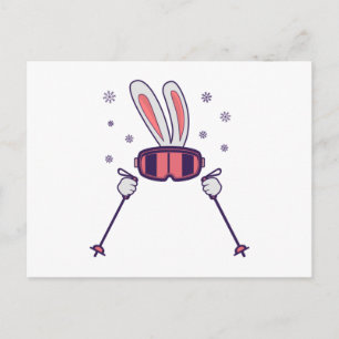 Carte Postale Ski Rabbit avec bâtons de ski et lunettes de ski