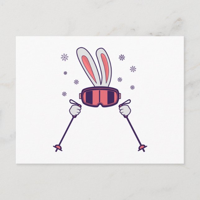 Carte Postale Ski Rabbit avec bâtons de ski et lunettes de ski (Devant)
