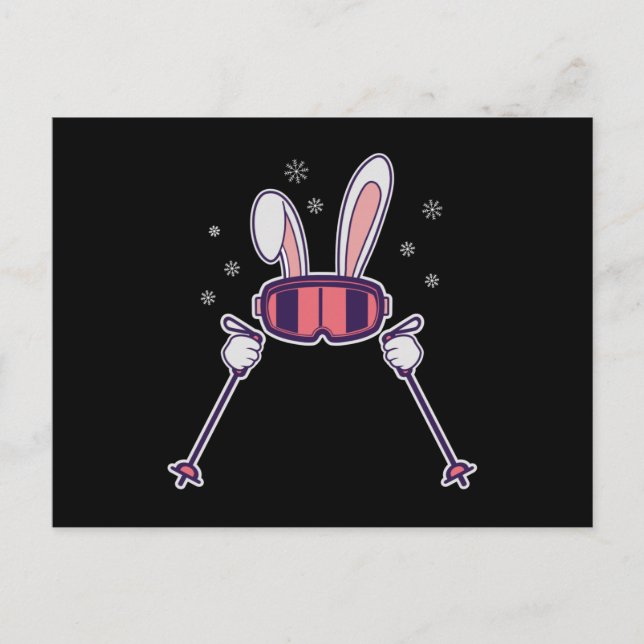 Carte Postale Ski Rabbit avec bâtons de ski et lunettes de ski (Devant)