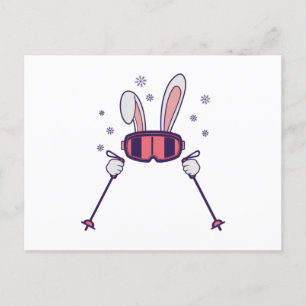 Carte Postale Ski Rabbit avec bâtons de ski et lunettes de ski