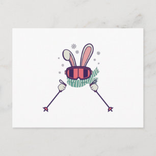 Carte Postale Ski Rabbit avec bâtons de ski et lunettes de ski