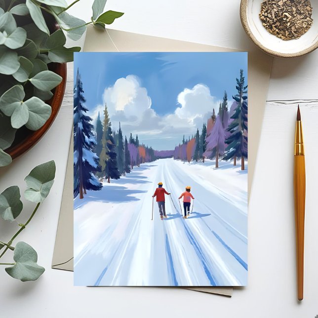 Carte Postale Ski Trail | Mountain Skiing Watercolor Winter (Créateur téléchargé)