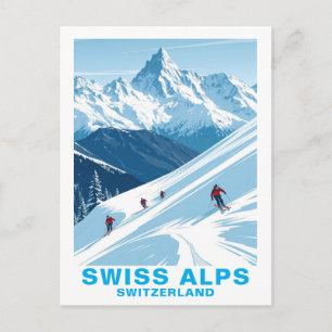 Carte Postale Ski vintage dans les Alpes suisses, voyage en Suis