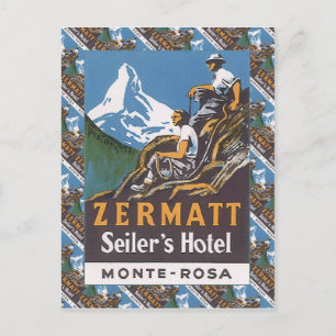 Carte Postale ski vintage, Hôtel Seiler, Zermatt