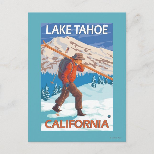Carte Postale Skier transportant ski de neige - Lac Tahoe, Calif (Devant)