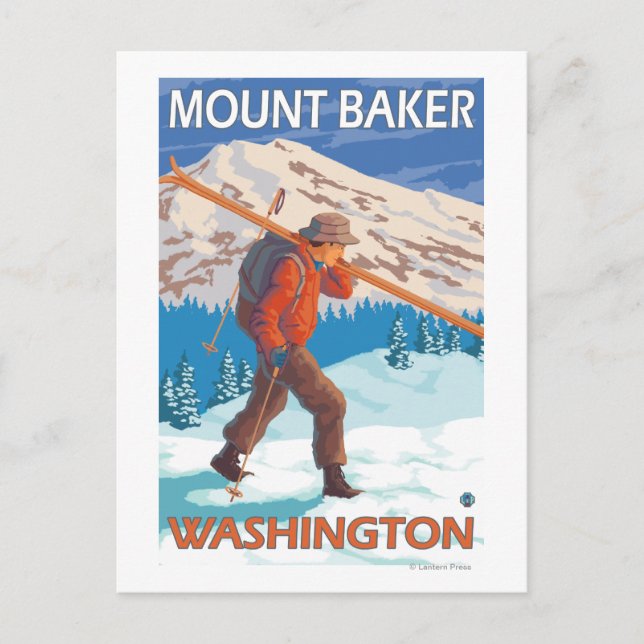 Carte Postale Skier transportant ski de neige - Mount Baker, WA (Devant)