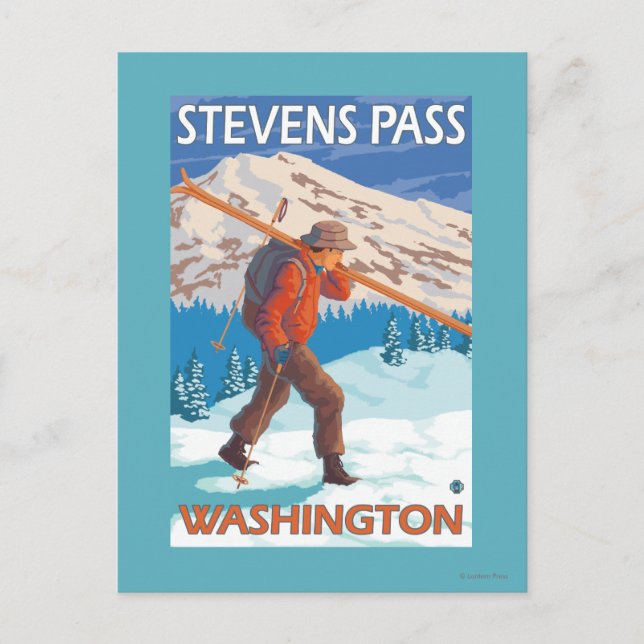 Carte Postale Skier transportant ski de neige - Stevens Pass, WA (Devant)