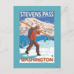 Carte Postale Skier transportant ski de neige - Stevens Pass, WA