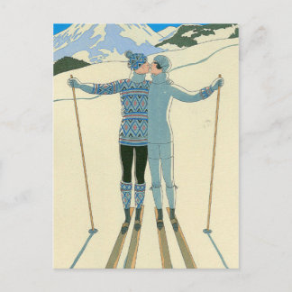 Carte Postale Skieurs romantiques en bleu